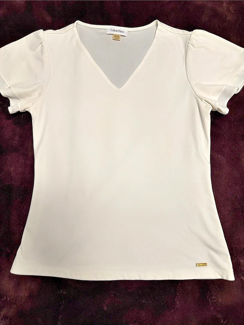 Calvin Klein Women'Small V-Neck Puff Sleeve Top in White Size Small